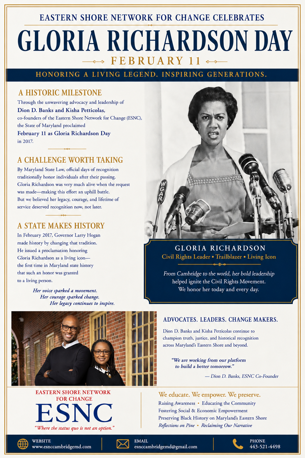 Gloria Richardson Day — February 11, proclaimed by Governor Larry Hogan through ESNC advocacy